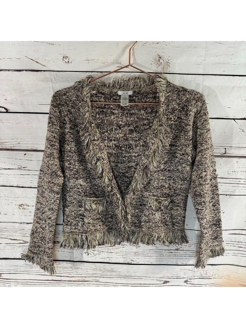 Cache Brown Tweed Fringe Trim Cropped Cardigan Sweater XS